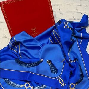 Cartier Blue Silk Scarf In Box With COA - Gorgeous EUC (32.5” x 32.5”)